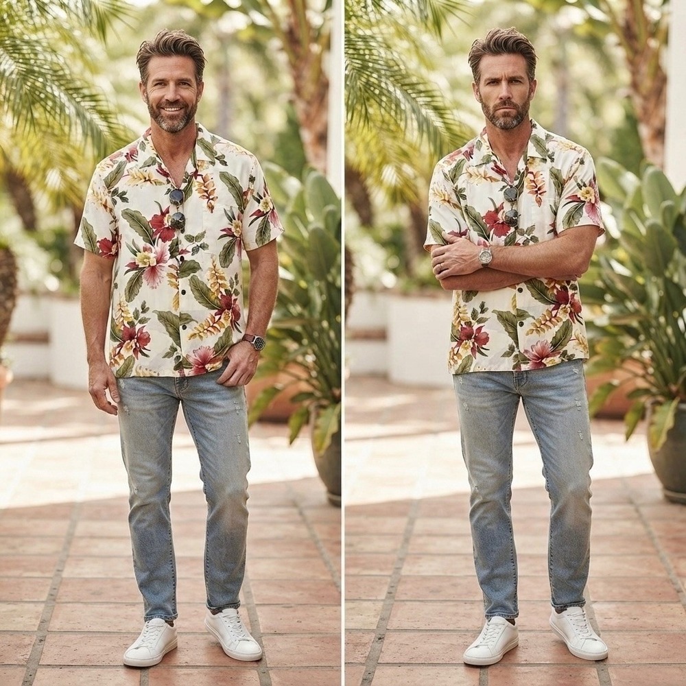Two Palms Men's Large Button Down Hawaiian Floral Shirt Cream Tropical Colorful